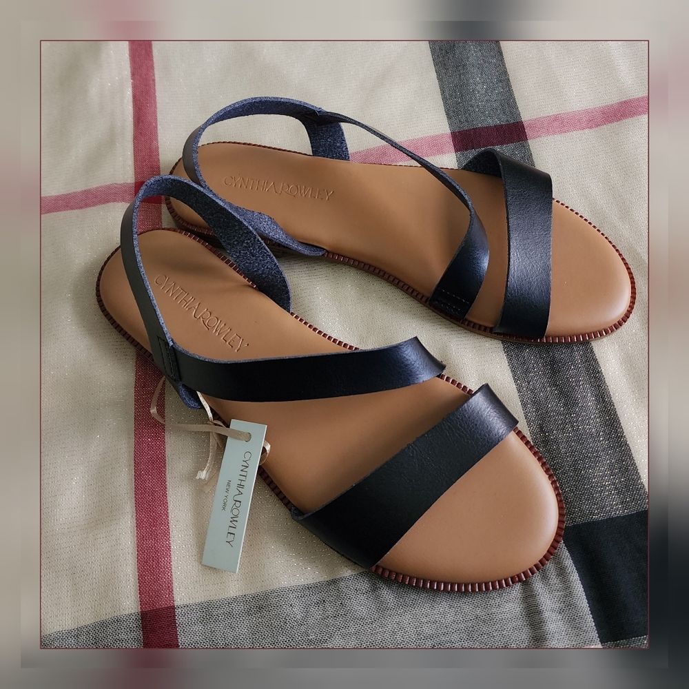 Cynthia Rowley Shoes New 7.5 Women Black Beige Sandal Lida Flat Strappy
